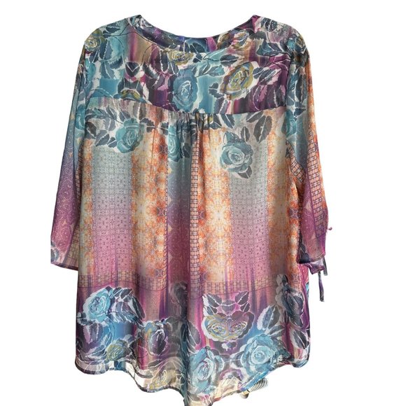 Unity Woman sz 2X multi print purple ruched sleeve split v neck lined Boho top - Picture 4 of 10